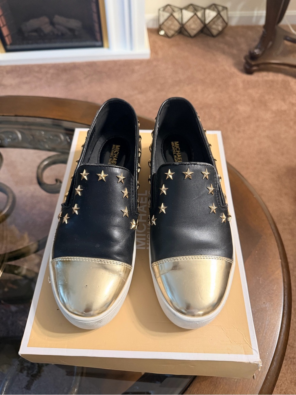 Michael Kors Black Slip-On Leather Mules with Gold Toe & Star Studs